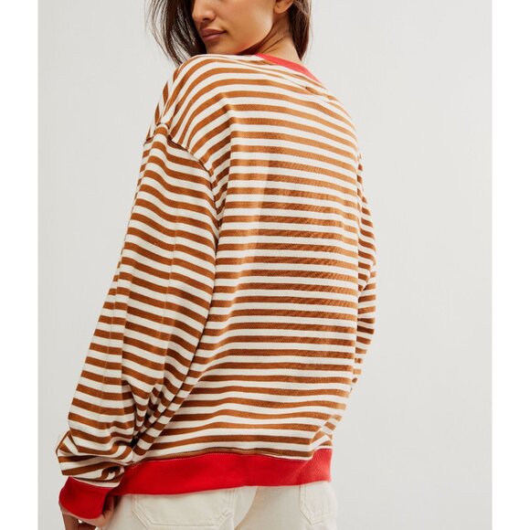FREE PEOPLE Classic Striped Oversized Crewneck / Coffee Combo - Picture 3 of 6